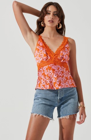 ASTR THE LABEL ELISE FLORAL LACE TRIMMED SLEEVELESS TOP in ORANGE PINK | vintage style cami tops | retro inspired camisoles
