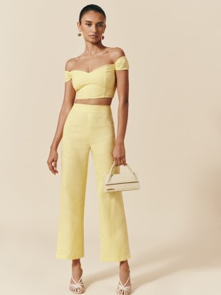 Elodie Linen Two Piece in Zest | women’s occasion fashion sets | yellow bardot crop top and trouser co-ord | off the shoulder tops and trousers co-ords | beautiful event outfits - flipped
