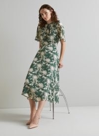 L.K. BENNETT Elowen Green Chrysanthemum Print Midi Dress / lightweight sheer georgette floral vintage style dresses