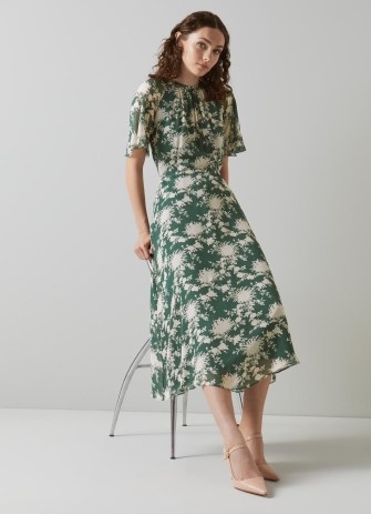 L.K. BENNETT Elowen Green Chrysanthemum Print Midi Dress / lightweight sheer georgette floral vintage style dresses - flipped