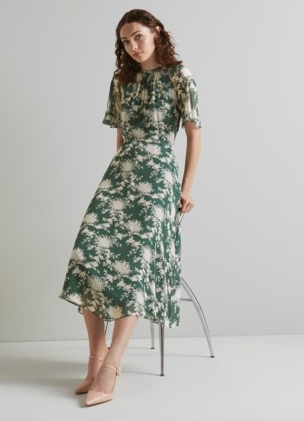 L.K. BENNETT Elowen Green Chrysanthemum Print Midi Dress / lightweight sheer georgette floral vintage style dresses