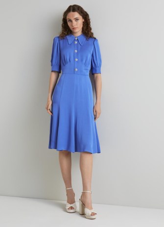 L.K. BENNETT Esme Blue Crepe Crystal Button Tea Dress ~ women’s vintage style dresses ~ womens beautiful reto inspired fashion ~ floaty hem ~ embellished floral buttons - flipped