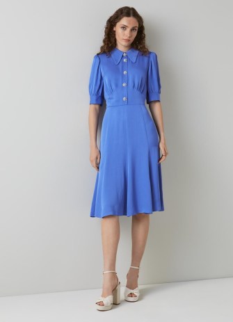 L.K. BENNETT Esme Blue Crepe Crystal Button Tea Dress ~ women’s vintage style dresses ~ womens beautiful reto inspired fashion ~ floaty hem ~ embellished floral buttons