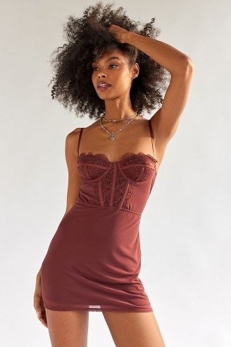 Light Before Dark Modern Love Corset Mini Dress | chocolate brown skinny strap fitted bodice dresses | glamorous going out fashion | URBAN OUTFITTERS - flipped