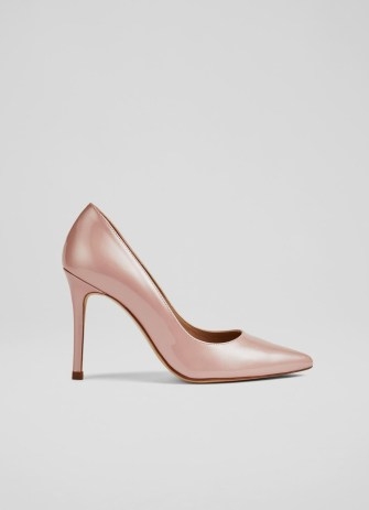 L.K. BENNETT Fern Pink Pearlised Patent Pointed Toe Courts / shiny pastel court shoes / summer occasion high heels - flipped