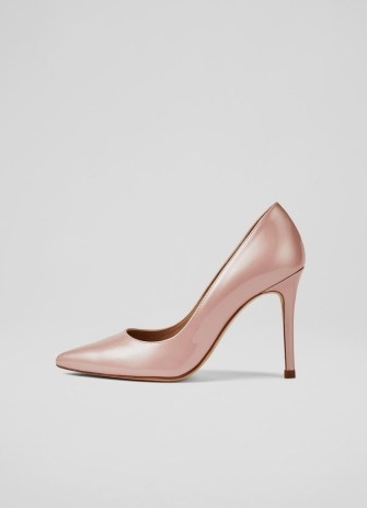 L.K. BENNETT Fern Pink Pearlised Patent Pointed Toe Courts / shiny pastel court shoes / summer occasion high heels