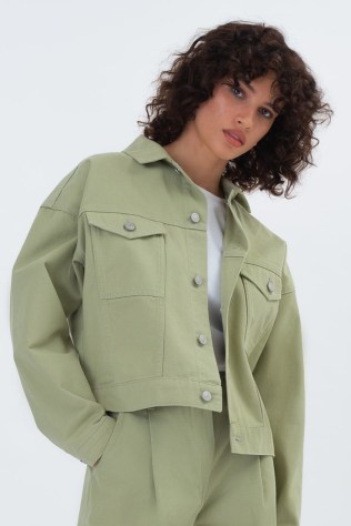 ALIGNE FERUZA OVERSIZED DENIM JACKET IN KHAKI | womens green relaxed fit drop shoulder jackets | women’s organic cotton fashion | utility style clothes - flipped