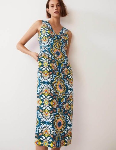 Boden Fiona Column Dress Chesapeake Bloomsbury – sleeveless V-neck bold floral print midi dresses - flipped