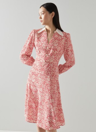 L.K. BENNETT Flo Red Marguerite Print Contrast Collar Silk Dress / ladylike vintage style floral dresses