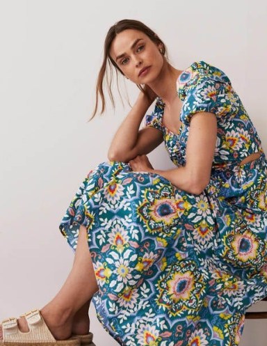 Boden Florence Cut-out Midi Dress Chesapeake Bloomsbury – bold floral prints – women’s printed short sleeved summer dresses - flipped