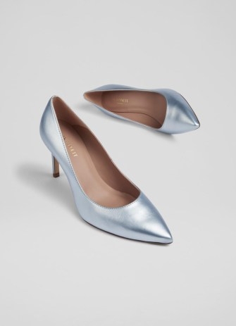 L.K. BENNETT Floret Ice Blue Metallic Leather Pointed Toe Courts / shiny summer occasion court shoes / women’s event shoes - flipped