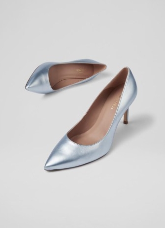 L.K. BENNETT Floret Ice Blue Metallic Leather Pointed Toe Courts / shiny summer occasion court shoes / women’s event shoes