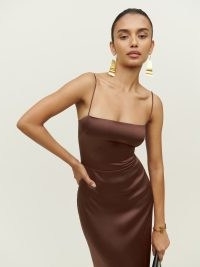 Reformation Frankie Silk Dress in Cafe ~ dark brown spaghetti strap occasion dresses ~ glamorous ankle length evening fashion ~ sophisticated event look