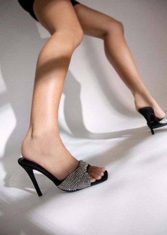 TONY BIANCO Fringe Crystal/Black 10.5cm Heels – diamante embellished square toe mules – glamorous evening mule sandals – occasion glamour - flipped