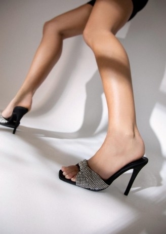 TONY BIANCO Fringe Crystal/Black 10.5cm Heels – diamante embellished square toe mules – glamorous evening mule sandals – occasion glamour
