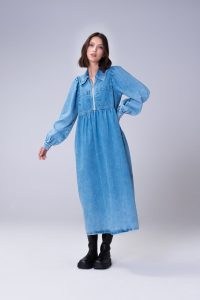 ALIGNE GABRIELLA DENIM MIDI DRESS EXTRA LIGHT WASH | blue collared empired waist dresses | long full sleeves | front zip detail | women’s organic cotton clothes