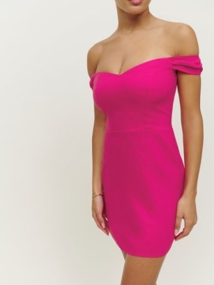 Reformation Gavina Linen Dress Corvette / hot pink bardot dresses / fitted off the shoulder occasion mini / glamorous evening fashion - flipped