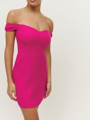 Reformation Gavina Linen Dress Corvette / hot pink bardot dresses / fitted off the shoulder occasion mini / glamorous evening fashion