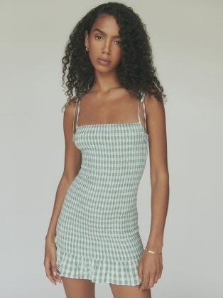 REFORMATION Gemini Dress Green Check – cute checked tie shoulder strap mini dresses – women’s smocked summer fashion – womens clothes with spaghetti straps - flipped