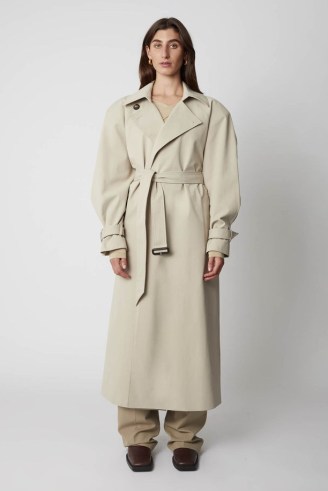CAMILLA AND MARC George Trench Coat in Oyster | women’s stylish outerwear | coats with voluminous raglan sleeves and oversized shoulders | modern classic style clothing - flipped