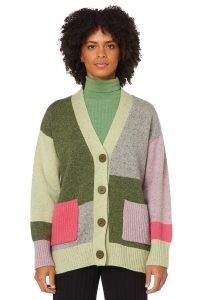 gorman ELLEN SPLICED CARDI – women’s multicoloured colour block cardigans – colourblock knitwear – relaxed fit – drop shoulder – using rws non-mulesed merino wool – merino blend yarn