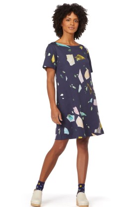 gorman x Noel Skrzypczak TERRAZZO SWING DRESS – short sleeve boat neck organic cotton dresses – womens printed T-shirt style day dresses – foil detailing