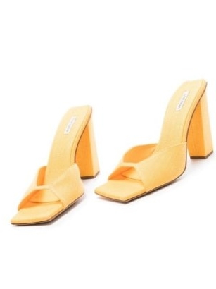 GIABORGHINI x RHW Rosie yellow leather square-toe sandals / rosie huntington-whiteley block heels / women’s designer celebrity inspired footwear at FARFETCH