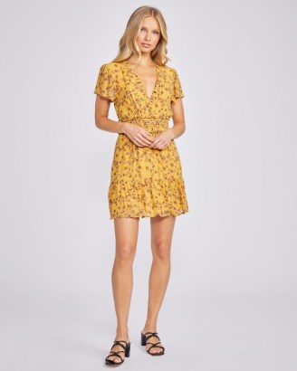 PAIGE Giannina Dress Turmeric Multi Silk ~ yellow floral short sleeve dresses / cinched waist / feminine ruffled hem - flipped