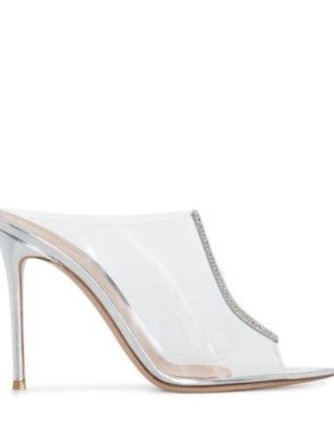 Gianvito Rossi Sigma 120mm crystal-embellished PVC mules / clear peep toe shoes / metallic silver high stiletto heels / transparent mules with crystals / women’s designer footwear at FARFETCH - flipped