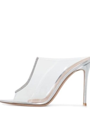 Gianvito Rossi Sigma 120mm crystal-embellished PVC mules / clear peep toe shoes / metallic silver high stiletto heels / transparent mules with crystals / women’s designer footwear at FARFETCH