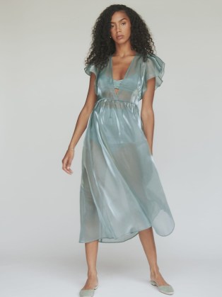 REFORMATION Glory Dress Sea Green – romance inspired fashion – romantic style flutter sleeve dresses – feminine sheer clothes