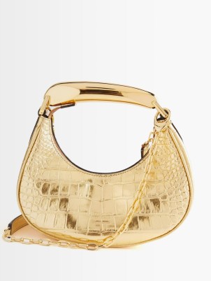 TOM FORD Bianca mini metal-handle leather shoulder bag ~ small luxe metallic croc effect bags ~ luxury designer crocodile embossed handbags ~ MATCHESFASHION - flipped