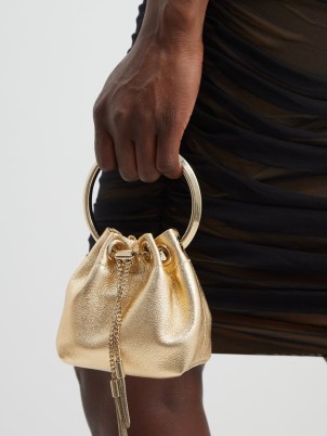 JIMMY CHOO Bon Bon micro metallic gold-leather bucket bag ~ small luxe occasion bags – occasion handbags - flipped