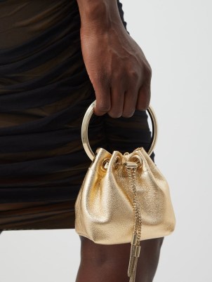 JIMMY CHOO Bon Bon micro metallic gold-leather bucket bag ~ small luxe occasion bags – occasion handbags