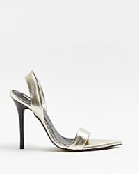 RIVER ISLAND GOLD METALLIC HEELED SANDALS / glamorous pointed toe barely there slingbacks / high heel slingback shoes / glam party heels - flipped