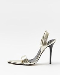 RIVER ISLAND GOLD METALLIC HEELED SANDALS / glamorous pointed toe barely there slingbacks / high heel slingback shoes / glam party heels