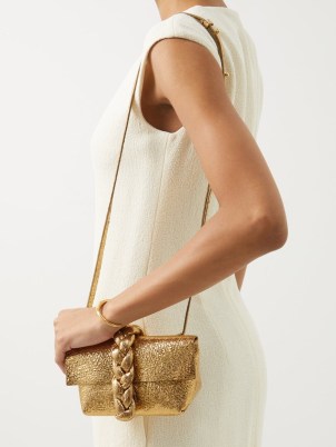 DEMELLIER Verona mini leather cross-body bag / shimmering gold evening crossbody bags / glittering metallic occasion clutch / glamorous event accessories / luxe look accessory / MATCHESFASHION