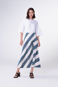 ALIGNE GRACY DRAWSTRING MIDI SKIRT MYRTLE STRIPE | striped gathered detail A-line skirts | women’s sustainable fashion