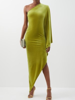 ALEXANDRE VAUTHIER Asymmetric draped-velour dress ~ glamorous green one shoulder dresses ~ women’s asymmetrical event fashion ~ womens designer evening occasion clothes ~ MATCHESFASHION