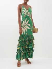 JOHANNA ORTIZ Bailanso Sola printed silk-georgette dress / green floral tiered hem halterneck maxi dresses / romantic ruffled occasion clothes / women’s halter neck summer event fashion at MATCHESFASHION