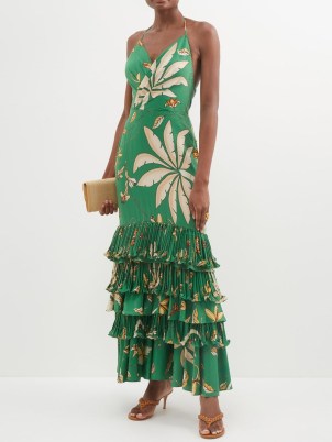 JOHANNA ORTIZ Bailanso Sola printed silk-georgette dress / green floral tiered hem halterneck maxi dresses / romantic ruffled occasion clothes / women’s halter neck summer event fashion at MATCHESFASHION - flipped