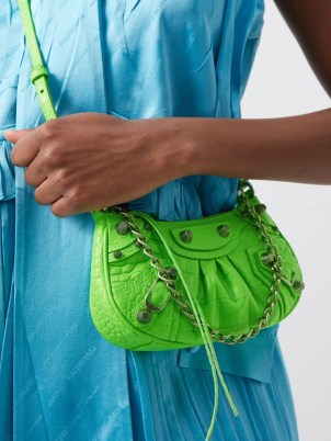 BALENCIAGA Cagole mini croc-effect leather shoulder bag ~ bright green crocodile embossed baguette shaped bags ~ small designer 90s inspired handbags ~ 1990s style chain strap handbag ~ women’s accessories at MATCHESFASHION