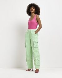RIVER ISLAND GREEN CARGO TROUSERS ~ womens cotton casual pocket detail pants