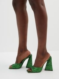 THE ATTICO Devon 115 glitter leather mules / glittering green pyramid block heels / designer evening sandals / glamorous shimmering occasion shoes / party glamour / MATCHESFASHION