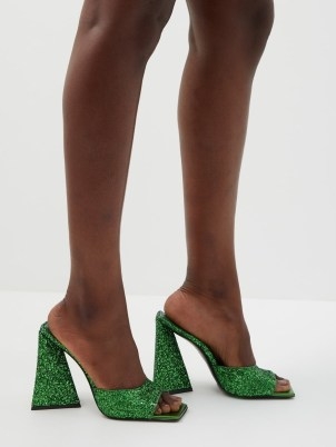 THE ATTICO Devon 115 glitter leather mules / glittering green pyramid block heels / designer evening sandals / glamorous shimmering occasion shoes / party glamour / MATCHESFASHION - flipped