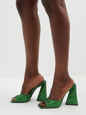 THE ATTICO Devon 115 glitter leather mules / glittering green pyramid block heels / designer evening sandals / glamorous shimmering occasion shoes / party glamour / MATCHESFASHION