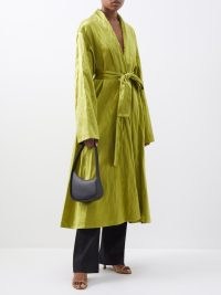 THE ROW Emeline belted crinkled silk-blend coat ~ women’s luxury chartreuse-green tie waist coats ~ womens luxe designer outerwear ~ MATCHESFASHION
