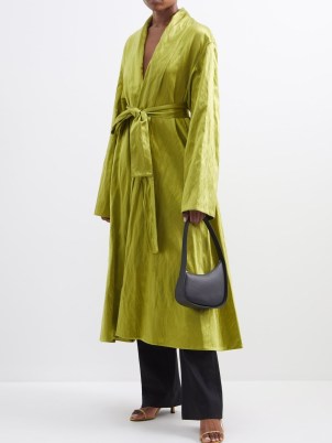 THE ROW Emeline belted crinkled silk-blend coat ~ women’s luxury chartreuse-green tie waist coats ~ womens luxe designer outerwear ~ MATCHESFASHION - flipped