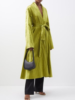 THE ROW Emeline belted crinkled silk-blend coat ~ women’s luxury chartreuse-green tie waist coats ~ womens luxe designer outerwear ~ MATCHESFASHION