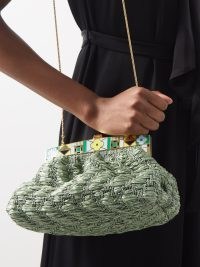 13BC Flora Grid enamelled faux-raffia clutch ~ green textured bag with slim gold shoulder strap ~ enamel detail bags ~ MATCHESFASHION